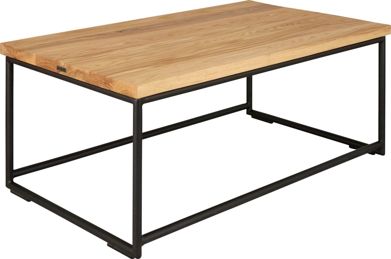 Gloss black metal table with natural stain ash wood made in UK - angle view round frame