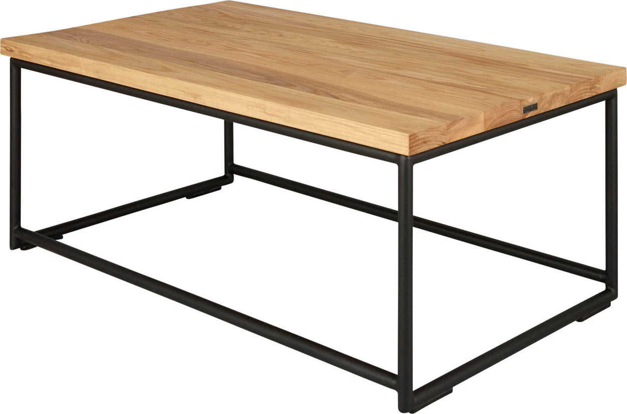 Gloss black metal table with natural stain ash wood made in UK - back side view round frame