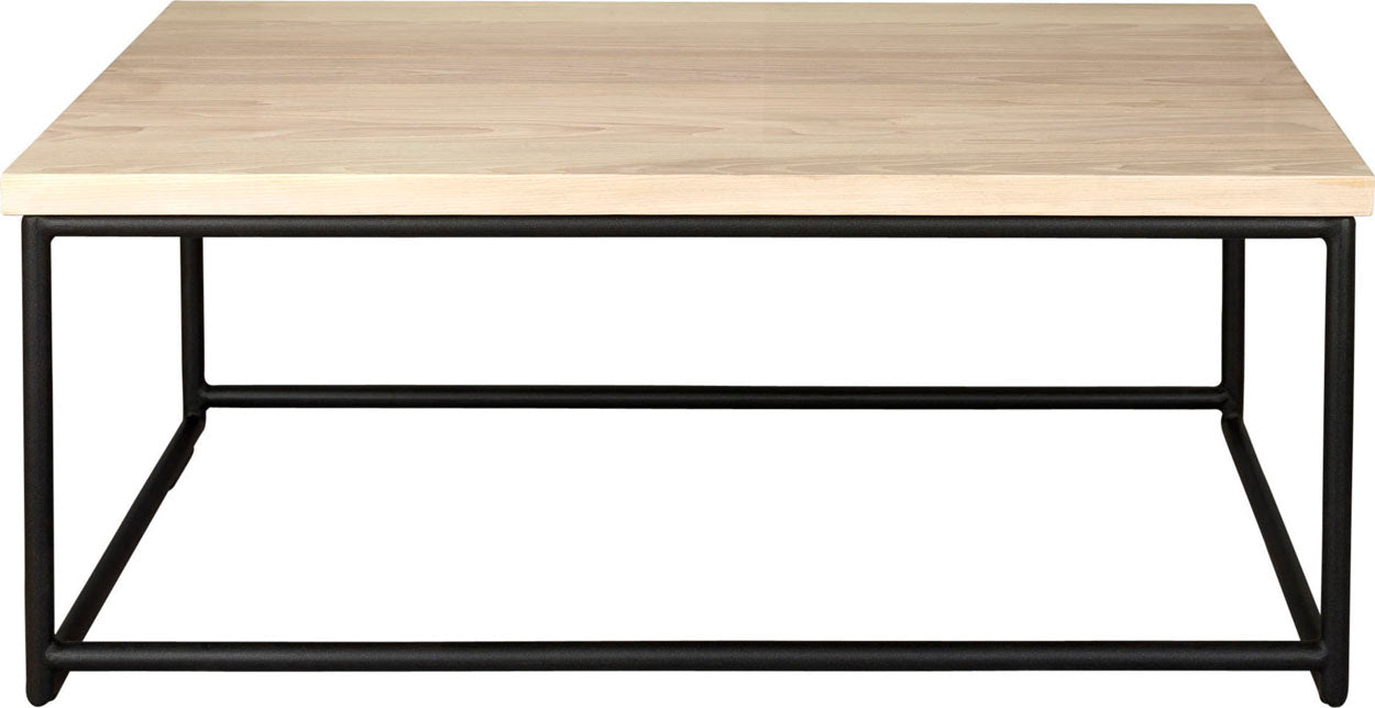 Gloss black metal table with whitewash stain ash wood made in UK - front view round frame