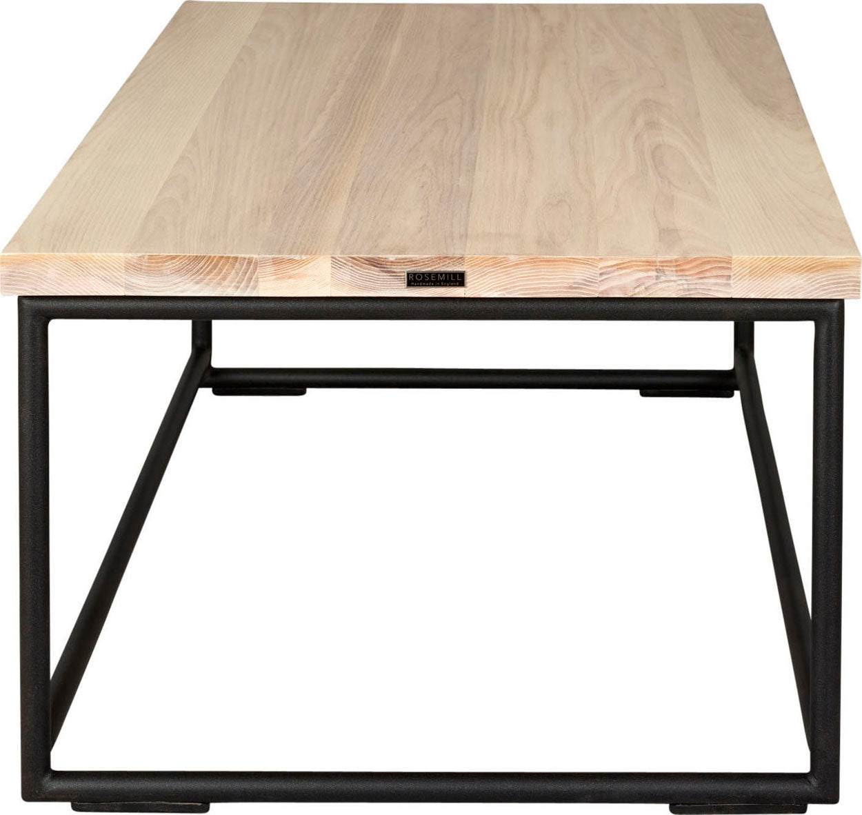 Gloss black metal table with whitewash stain ash wood made in UK - side view round frame