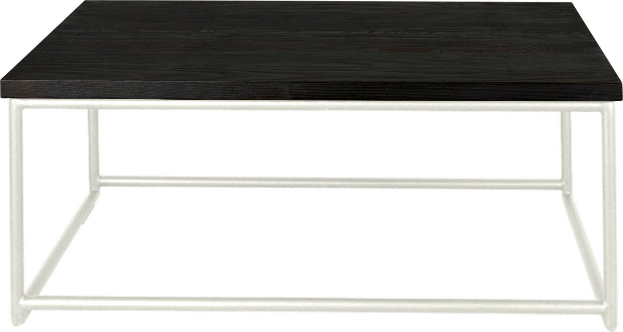 Gloss white metal table with black stain ash wood made in UK - front view round frame