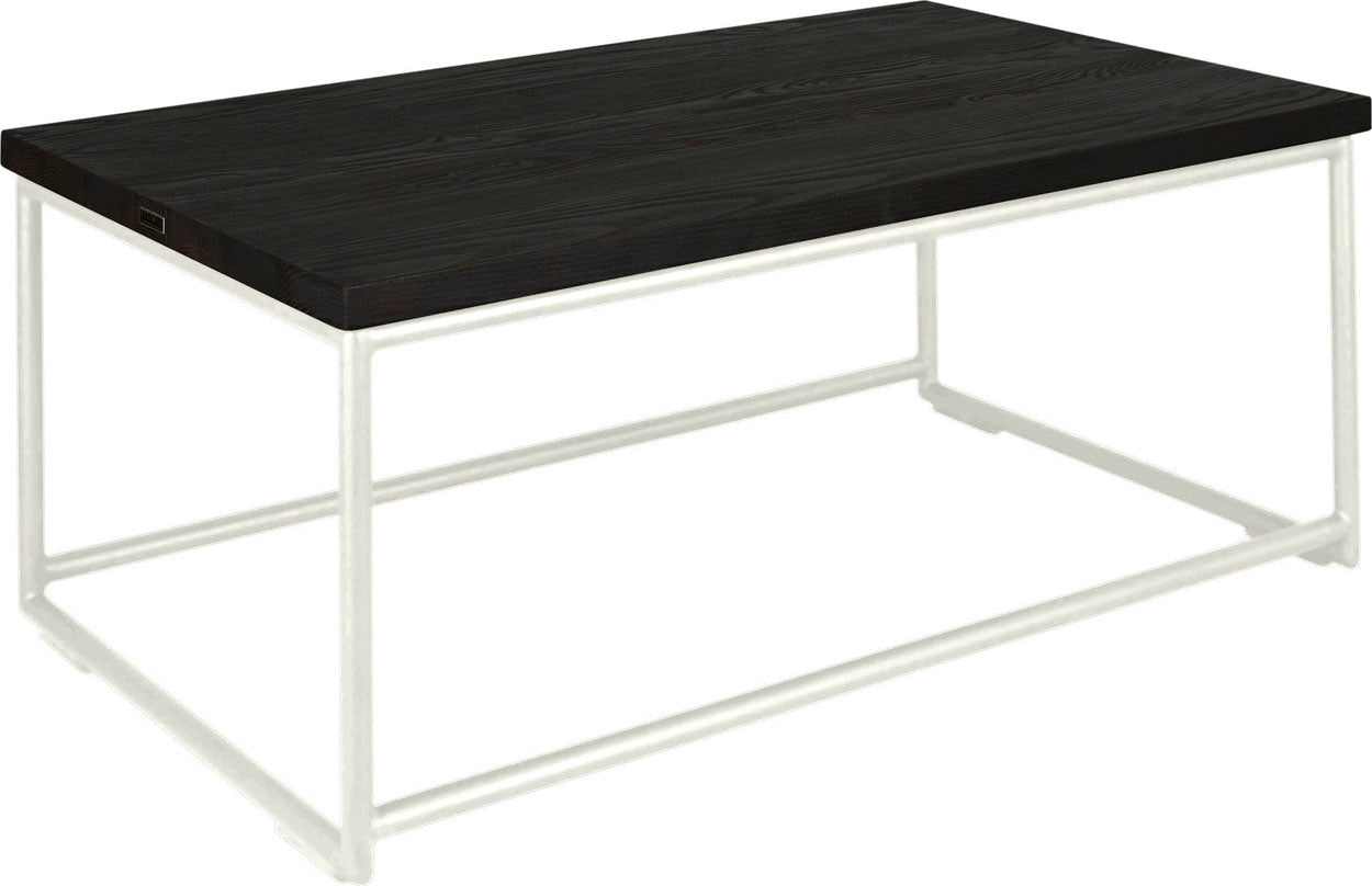 Gloss white metal table with black stain ash wood made in UK - angle view round frame