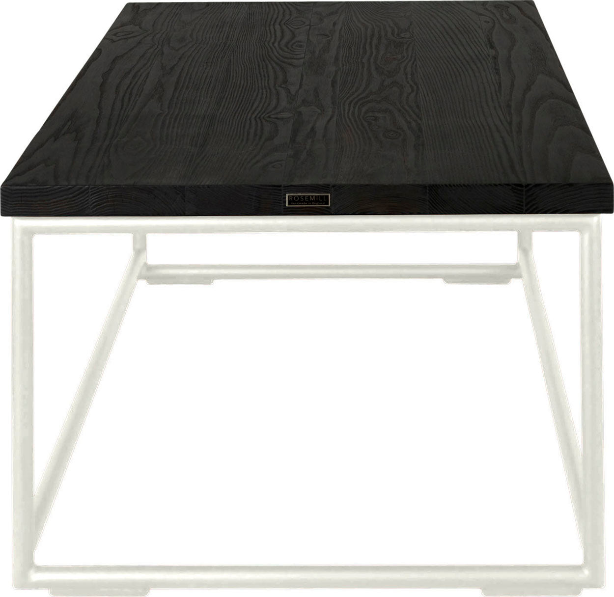 Gloss white metal table with black stain ash wood made in UK - side view round frame