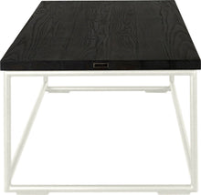 Load image into Gallery viewer, Gloss white metal table with black stain ash wood made in UK - side view round frame
