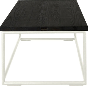 Gloss white metal table with black stain ash wood made in UK - side view round frame