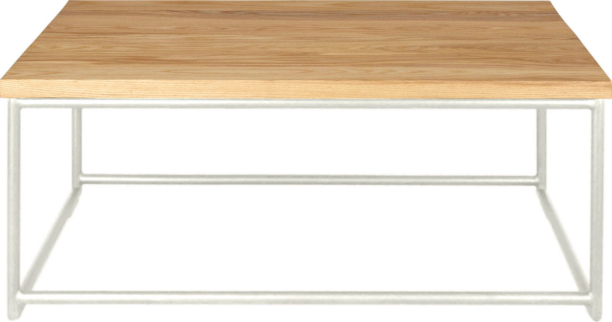 Gloss white metal table with natural stain ash wood made in UK - front view round frame