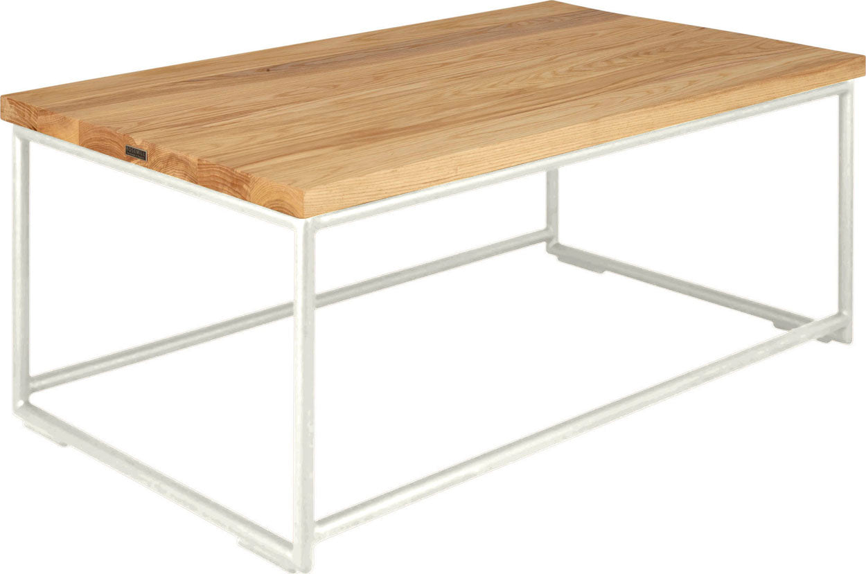 Gloss white metal table with natural stain ash wood made in UK - angle view round frame