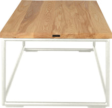 Load image into Gallery viewer, Gloss white metal table with natural stain ash wood made in UK - side view round frame
