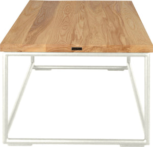 Gloss white metal table with natural stain ash wood made in UK - side view round frame