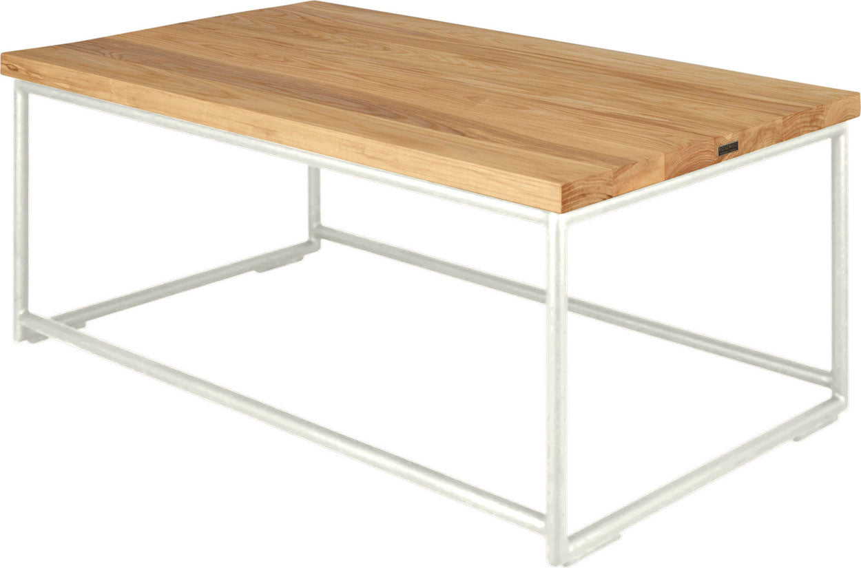 Gloss white metal table with natural stain ash wood made in UK - back side view round frame