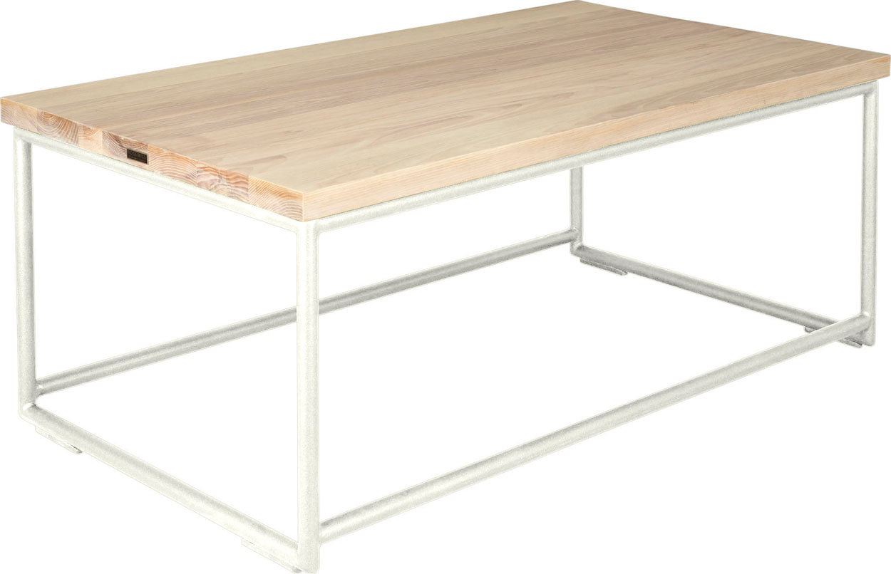 Gloss white metal table with whitewash stain ash wood made in UK - angle view round frame