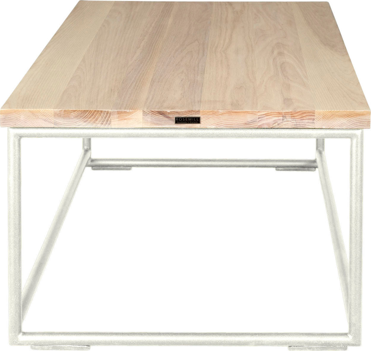 Gloss white metal table with whitewash stain ash wood made in UK - side view round frame