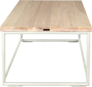 Gloss white metal table with whitewash stain ash wood made in UK - side view round frame