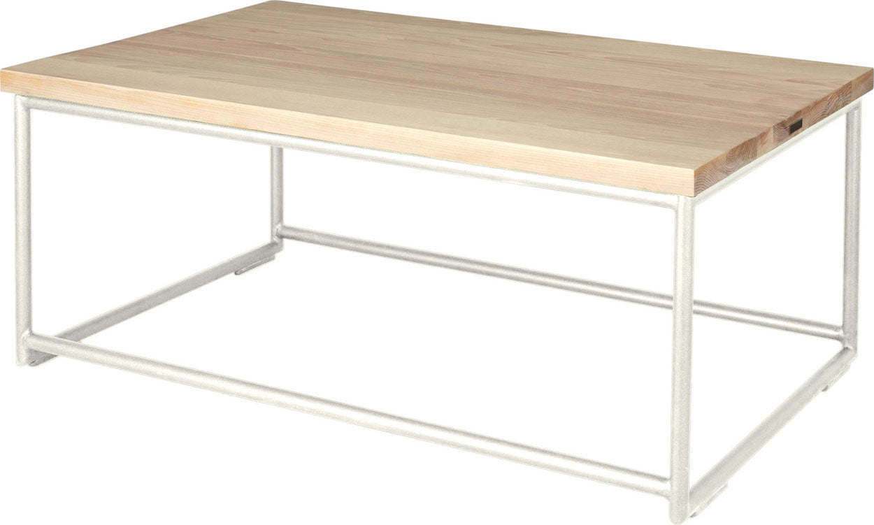 Gloss white metal table with whitewash stain ash wood made in UK - back side view round frame