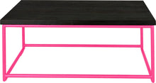 Load image into Gallery viewer, Hot pink metal table with black stain ash wood made in UK - front view round frame
