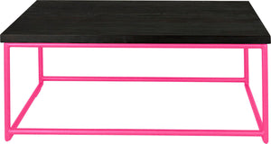 Hot pink metal table with black stain ash wood made in UK - front view round frame