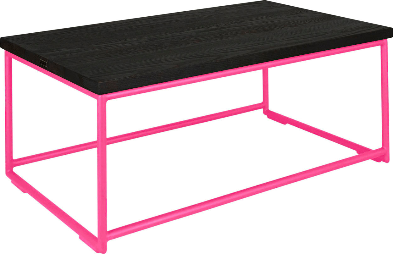 Hot pink metal table with black stain ash wood made in UK - angle view round frame