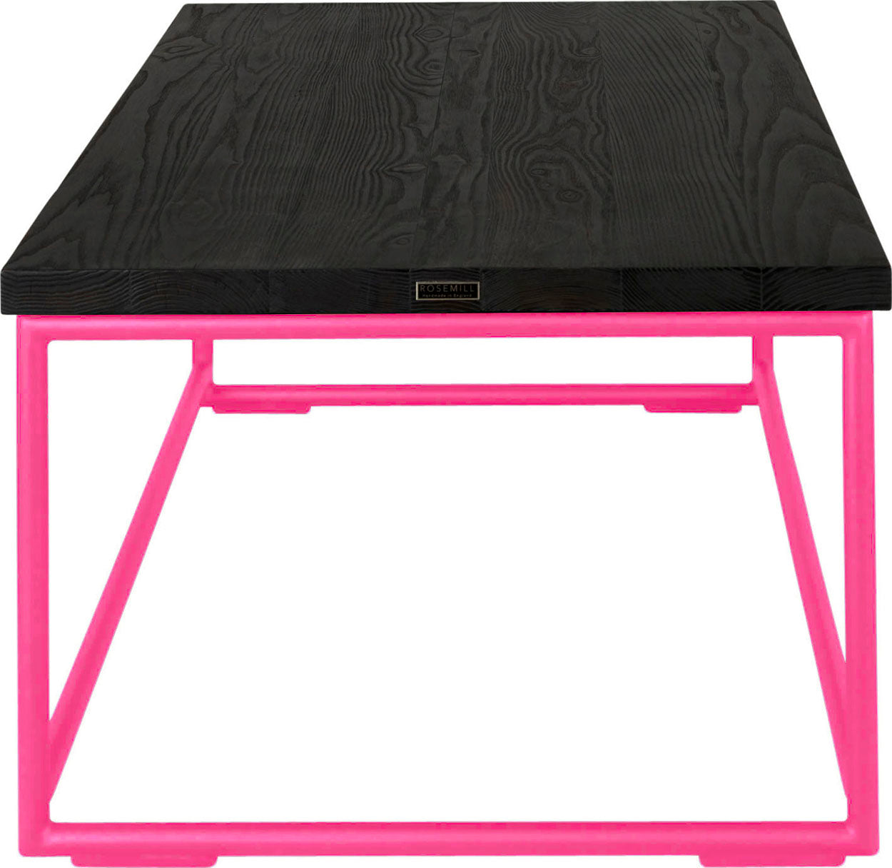 Hot pink metal table with black stain ash wood made in UK - side view round frame