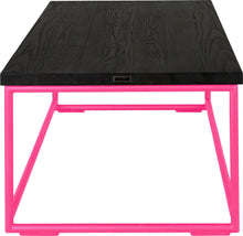 Load image into Gallery viewer, Hot pink metal table with black stain ash wood made in UK - side view round frame
