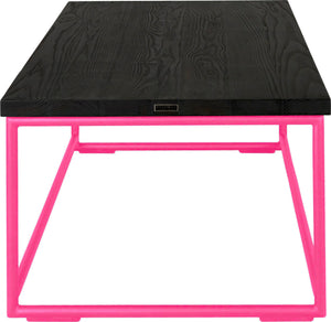Hot pink metal table with black stain ash wood made in UK - side view round frame