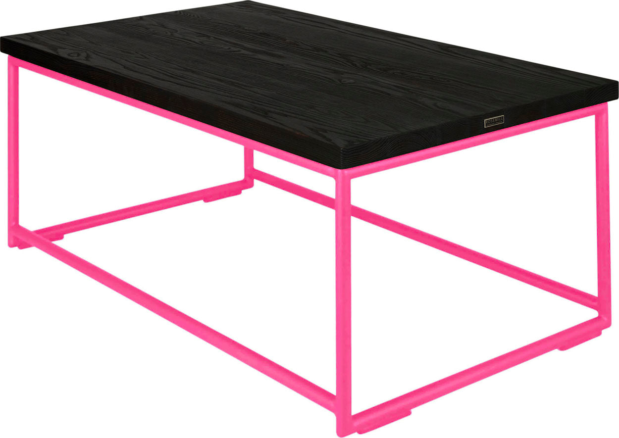 Hot pink metal table with black stain ash wood made in UK - back side view round frame