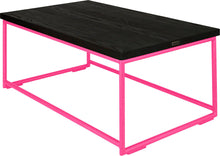 Load image into Gallery viewer, Hot pink metal table with black stain ash wood made in UK - back side view round frame
