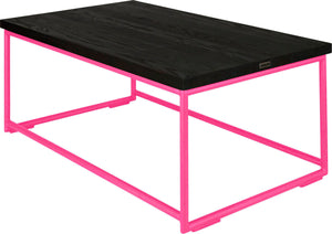 Hot pink metal table with black stain ash wood made in UK - back side view round frame