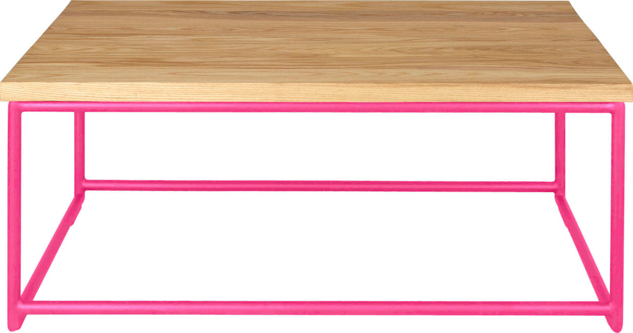 Hot pink metal table with natural stain ash wood made in UK - front view round frame