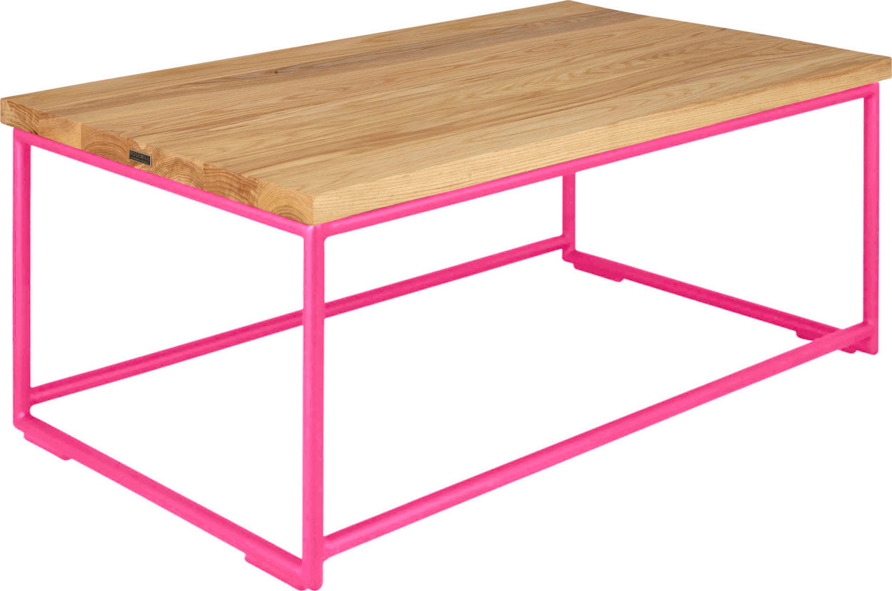 Hot pink metal table with natural stain ash wood made in UK - angle view round frame