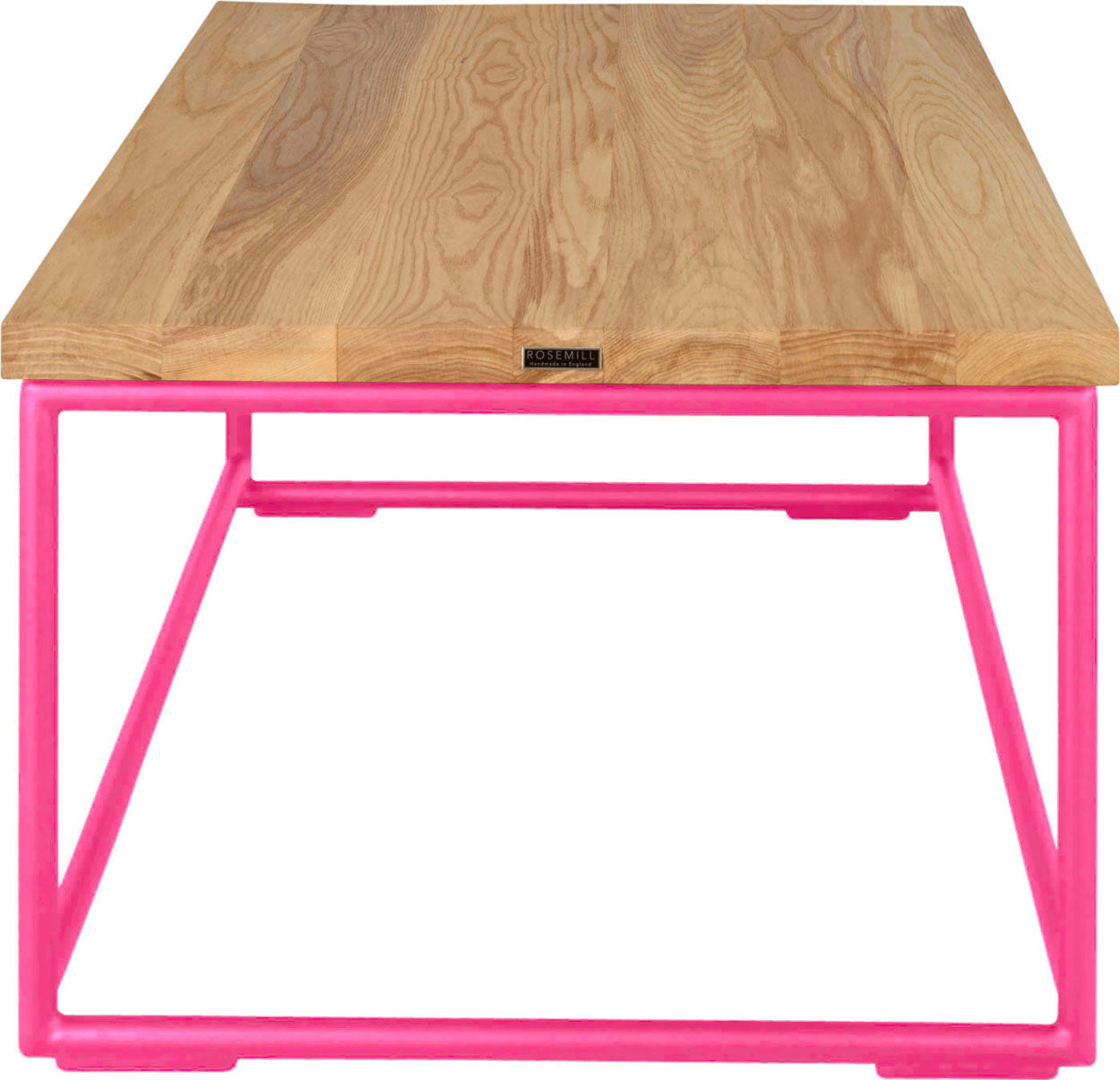 Hot pink metal table with natural stain ash wood made in UK - side view round frame