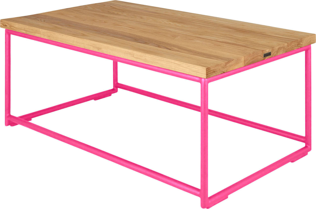 Hot pink metal table with natural stain ash wood made in UK - back side view round frame