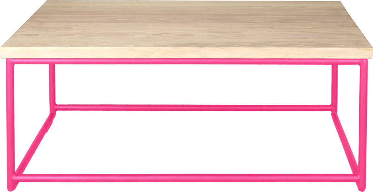 Hot pink metal table with whitewash stain ash wood made in UK - front view round frame