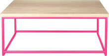 Load image into Gallery viewer, Hot pink metal table with whitewash stain ash wood made in UK - front view round frame
