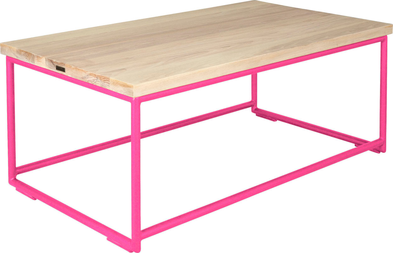 Hot pink metal table with whitewash stain ash wood made in UK - angle view round frame