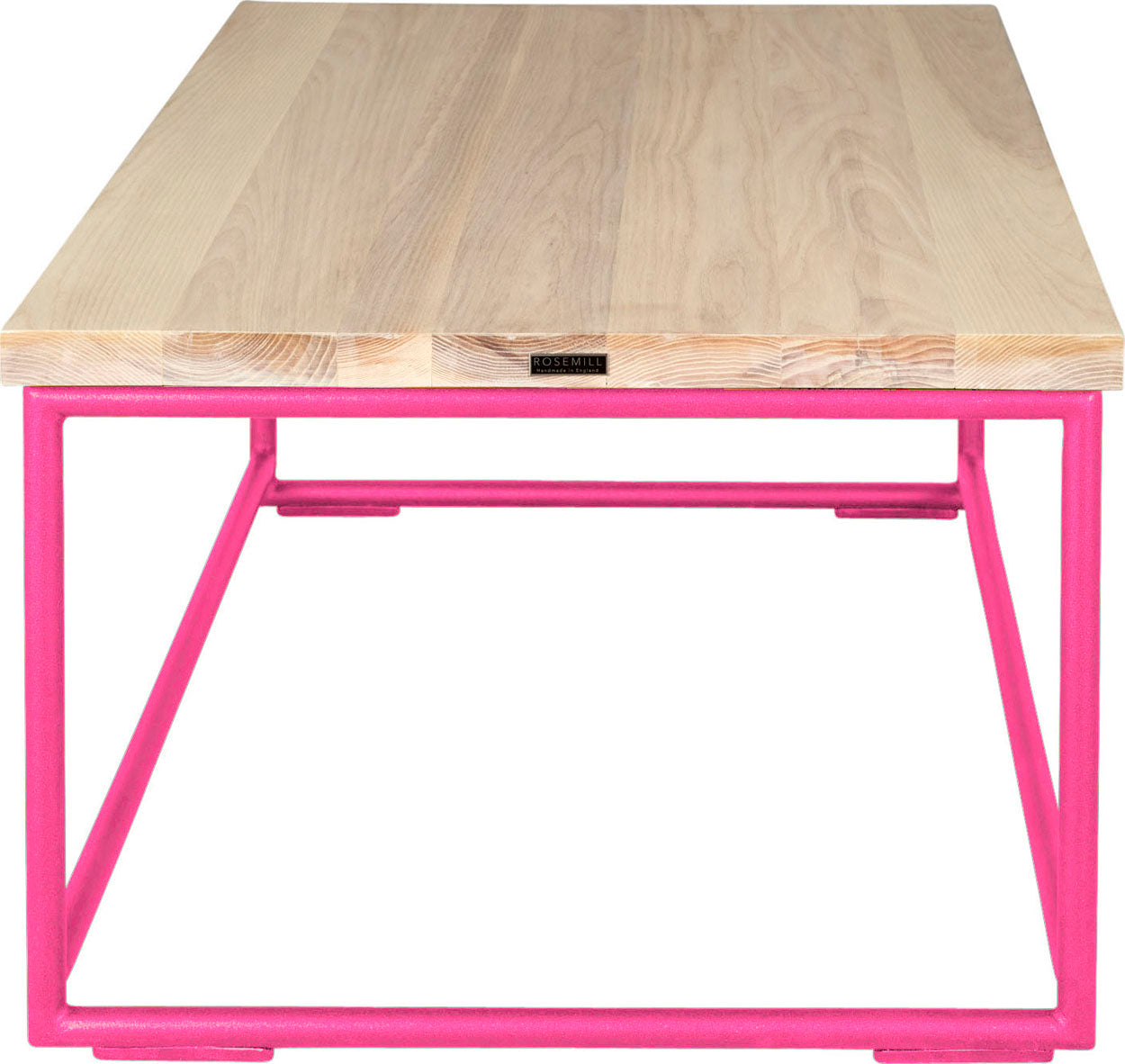 Hot pink metal table with whitewash stain ash wood made in UK - side view round frame