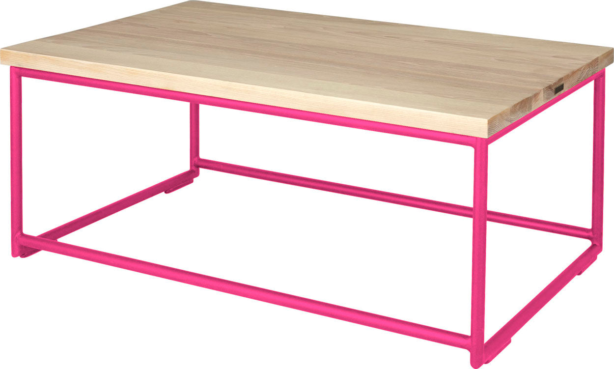 Hot pink metal table with whitewash stain ash wood made in UK - back side view round frame