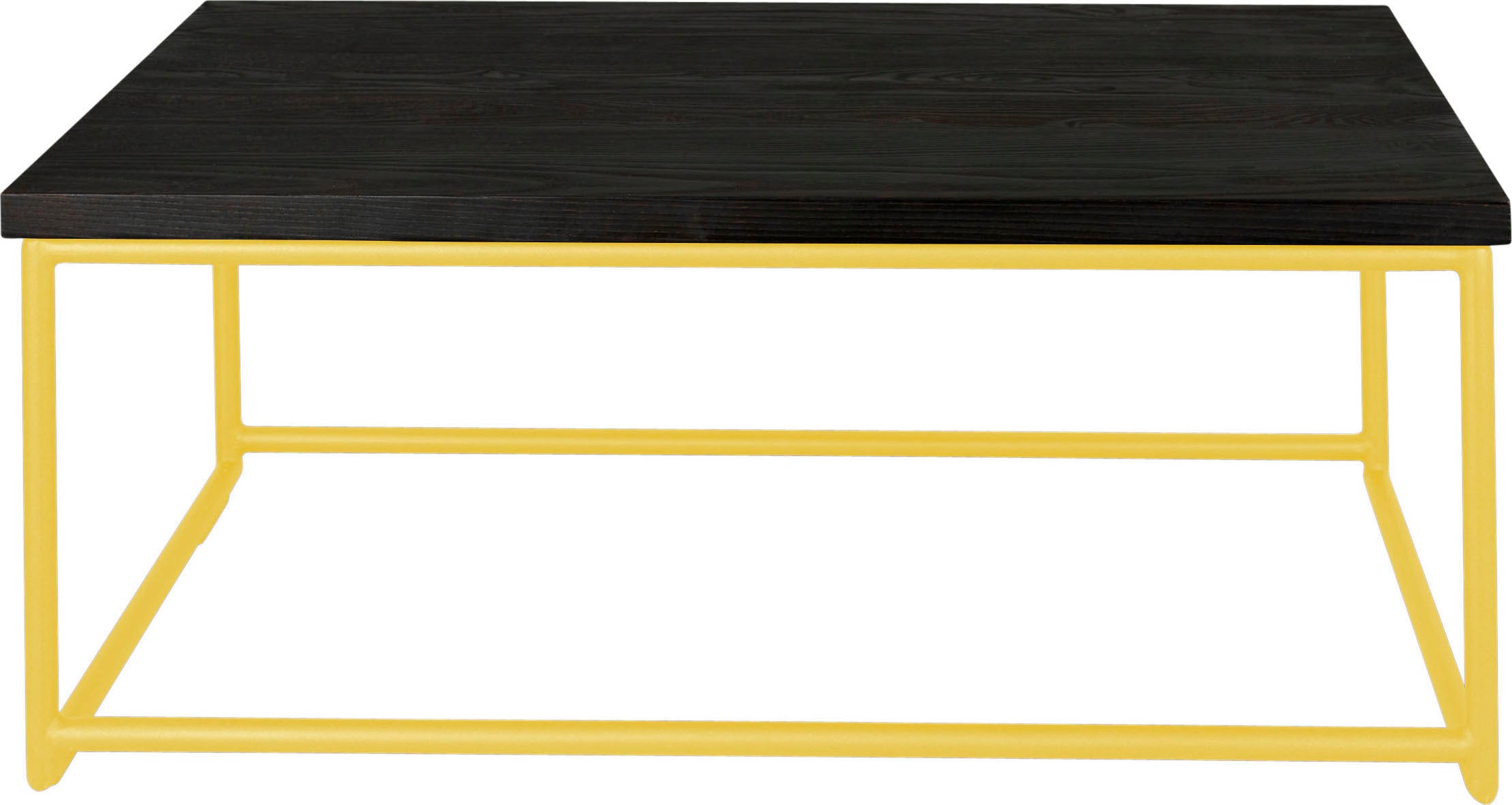 Yellow metal table with black stain ash wood made in UK - front view round frame