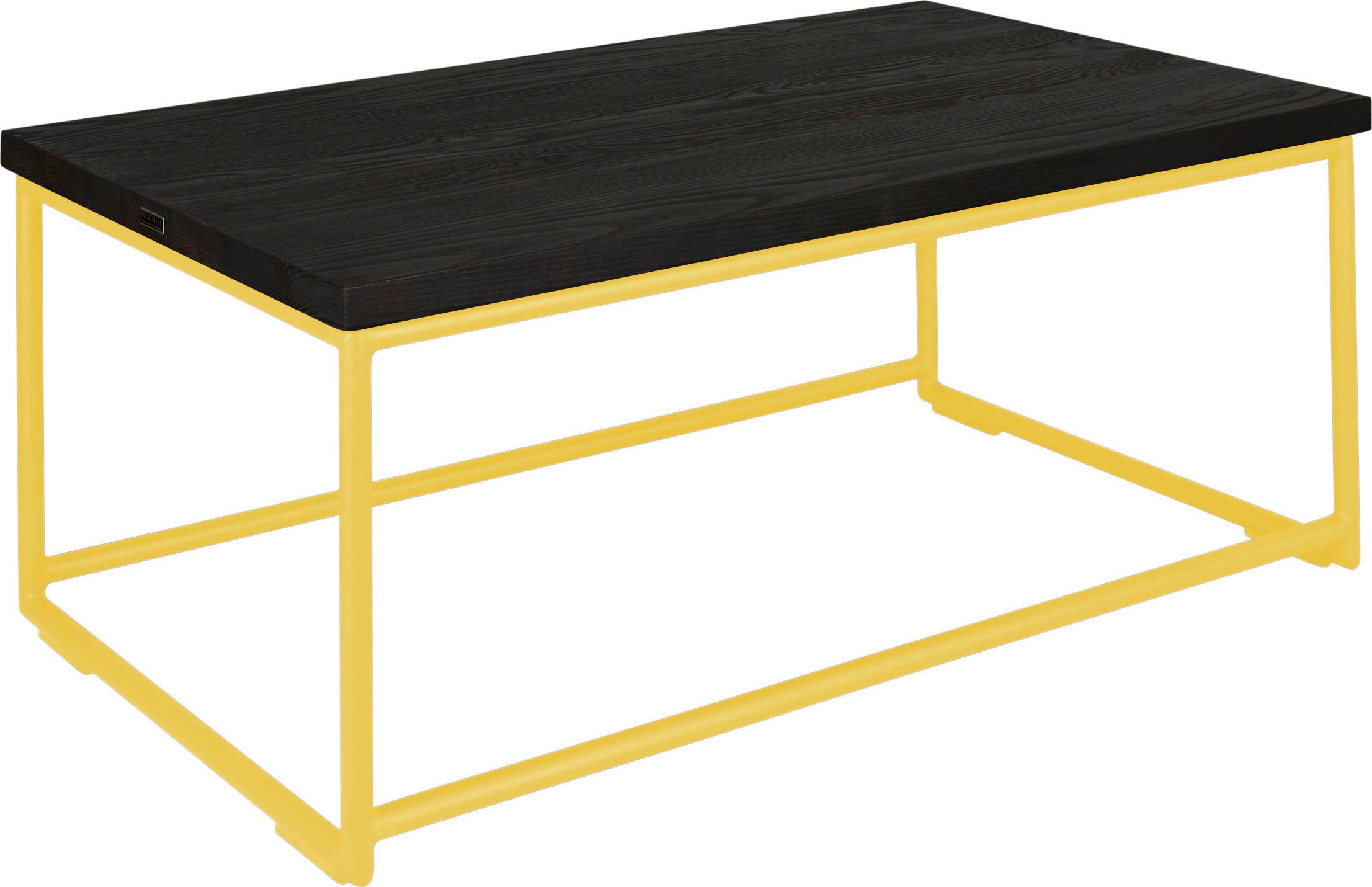 Yellow metal table with black stain ash wood made in UK - angle view round frame