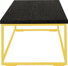 Load image into Gallery viewer, Yellow metal table with black stain ash wood made in UK - side view round frame
