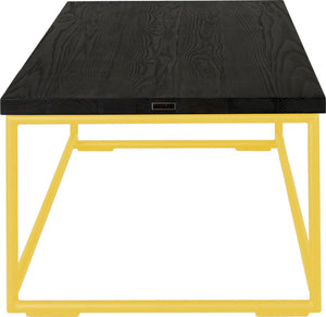 Yellow metal table with black stain ash wood made in UK - side view round frame