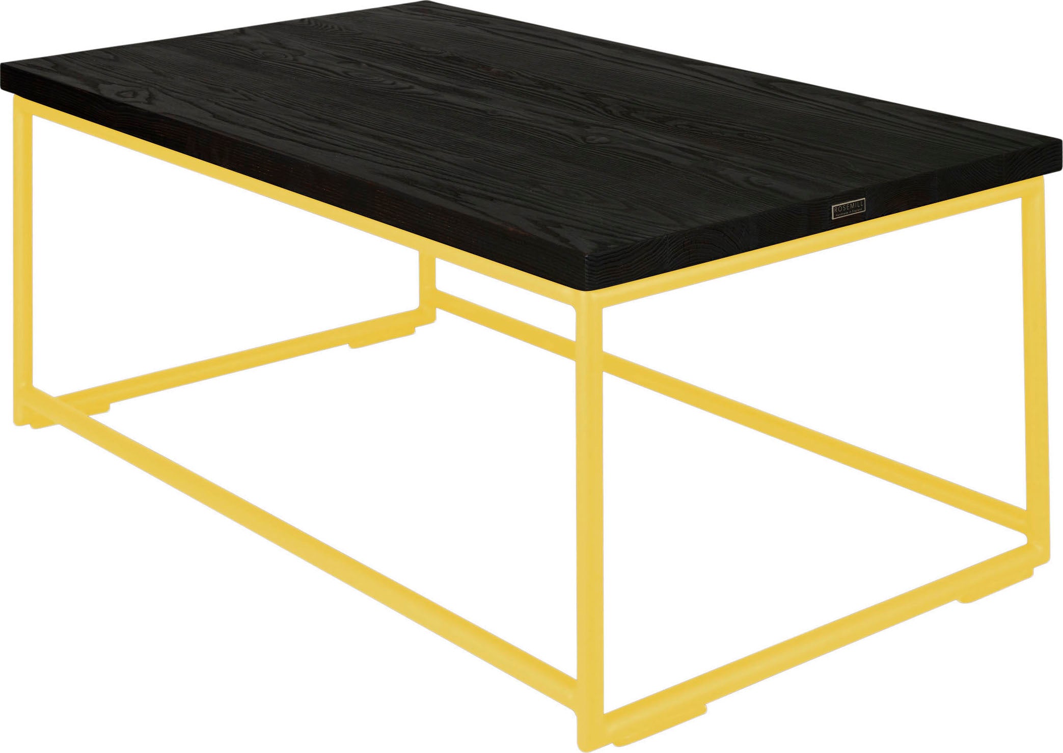 Yellow metal table with black stain ash wood made in UK - back side view round frame