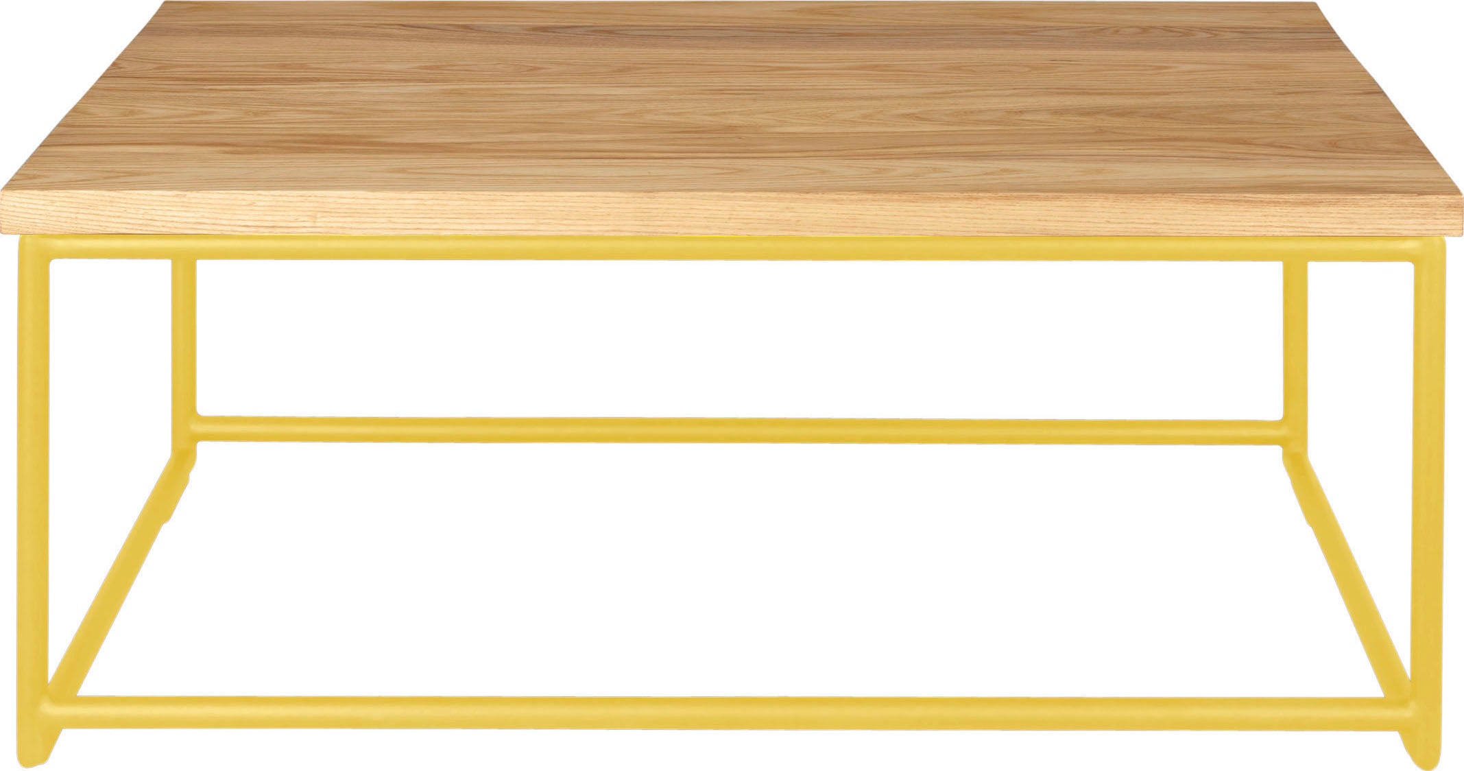 Yellow metal table with natural stain ash wood made in UK - front view round frame