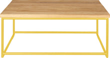 Load image into Gallery viewer, Yellow metal table with natural stain ash wood made in UK - front view round frame
