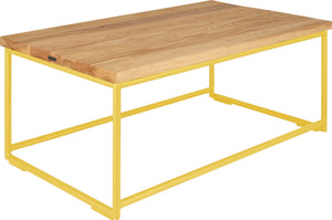 Yellow metal table with natural stain ash wood made in UK - angle view round frame