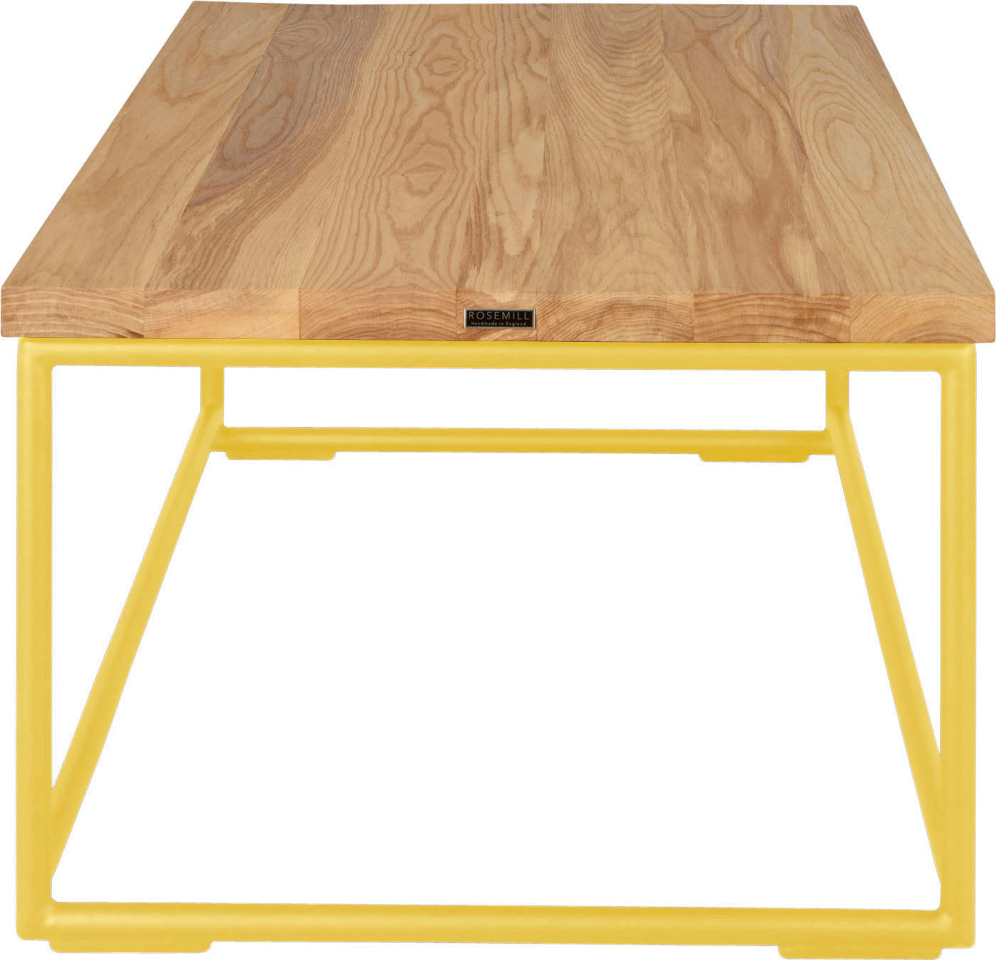 Yellow metal table with natural stain ash wood made in UK - side view round frame
