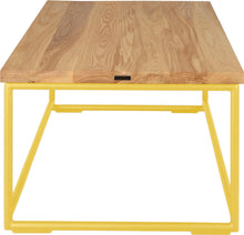 Load image into Gallery viewer, Yellow metal table with natural stain ash wood made in UK - side view round frame
