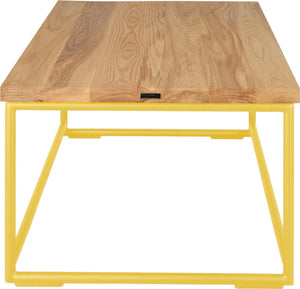 Yellow metal table with natural stain ash wood made in UK - side view round frame