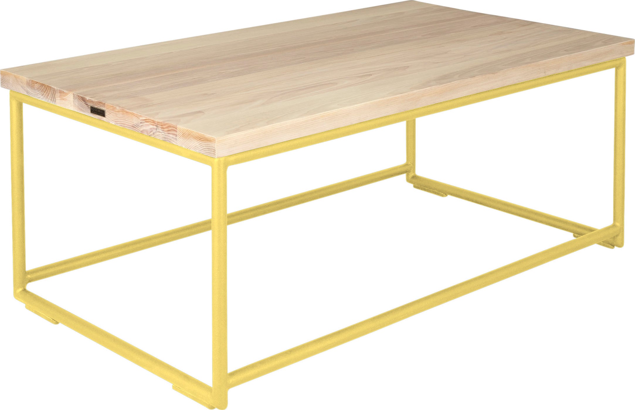 Yellow metal table with whitewash stain ash wood made in UK - angle view round frame