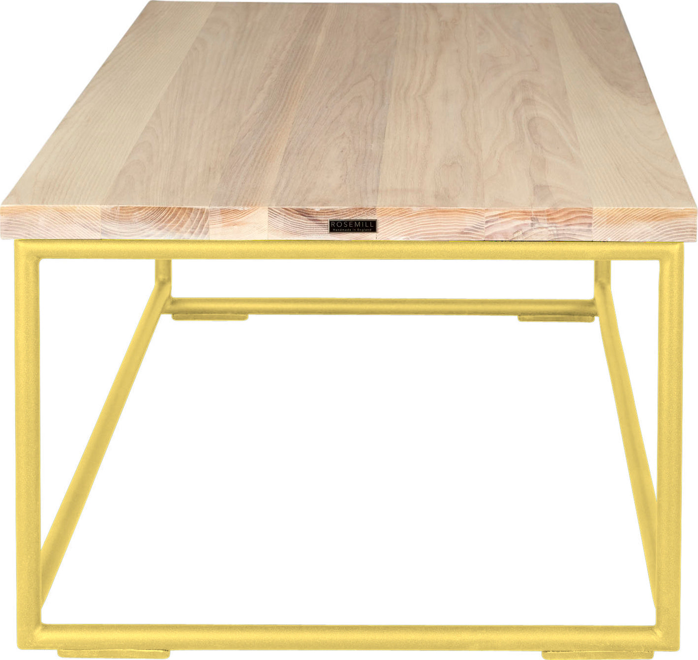 Yellow metal table with whitewash stain ash wood made in UK - side view round frame