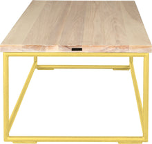 Load image into Gallery viewer, Yellow metal table with whitewash stain ash wood made in UK - side view round frame

